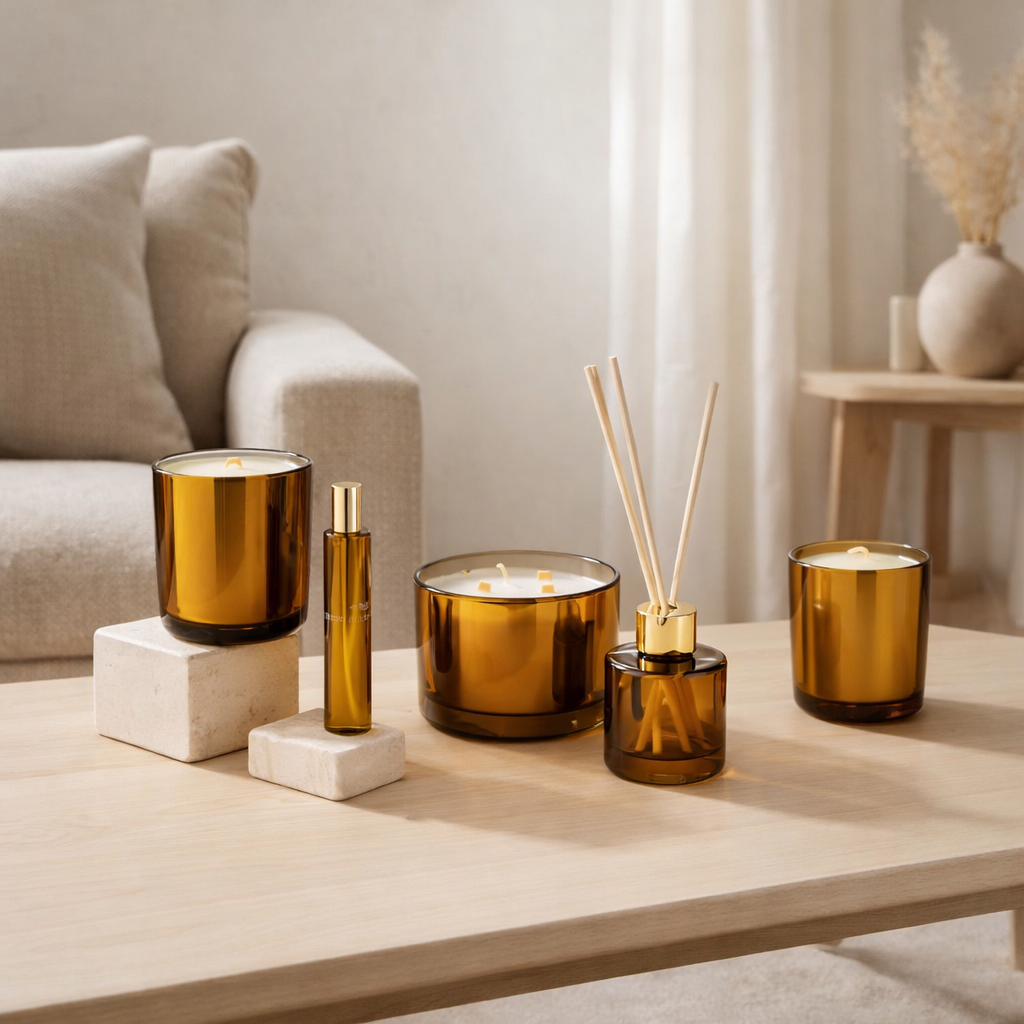 Bougie parfumée J-Line Excellent - Golden Honey - verre - ocre - moyen - 80U en situation