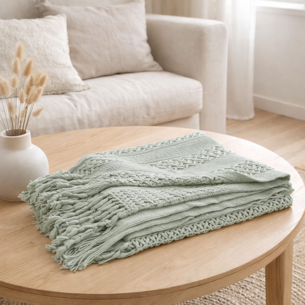J-Line Plaid tricoté - polyester - vert clair - 160 x 130 cm en situation