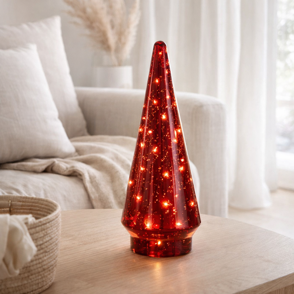 Décoration J-Line Sapin de Noël - verre - rouge - grand - lumières LED en situation