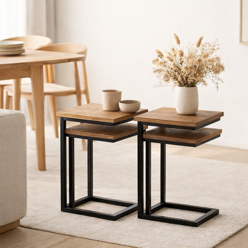 Table d'appoint J-Line Rectangle - métal/bois - noir/naturel - lot de 2 en situation