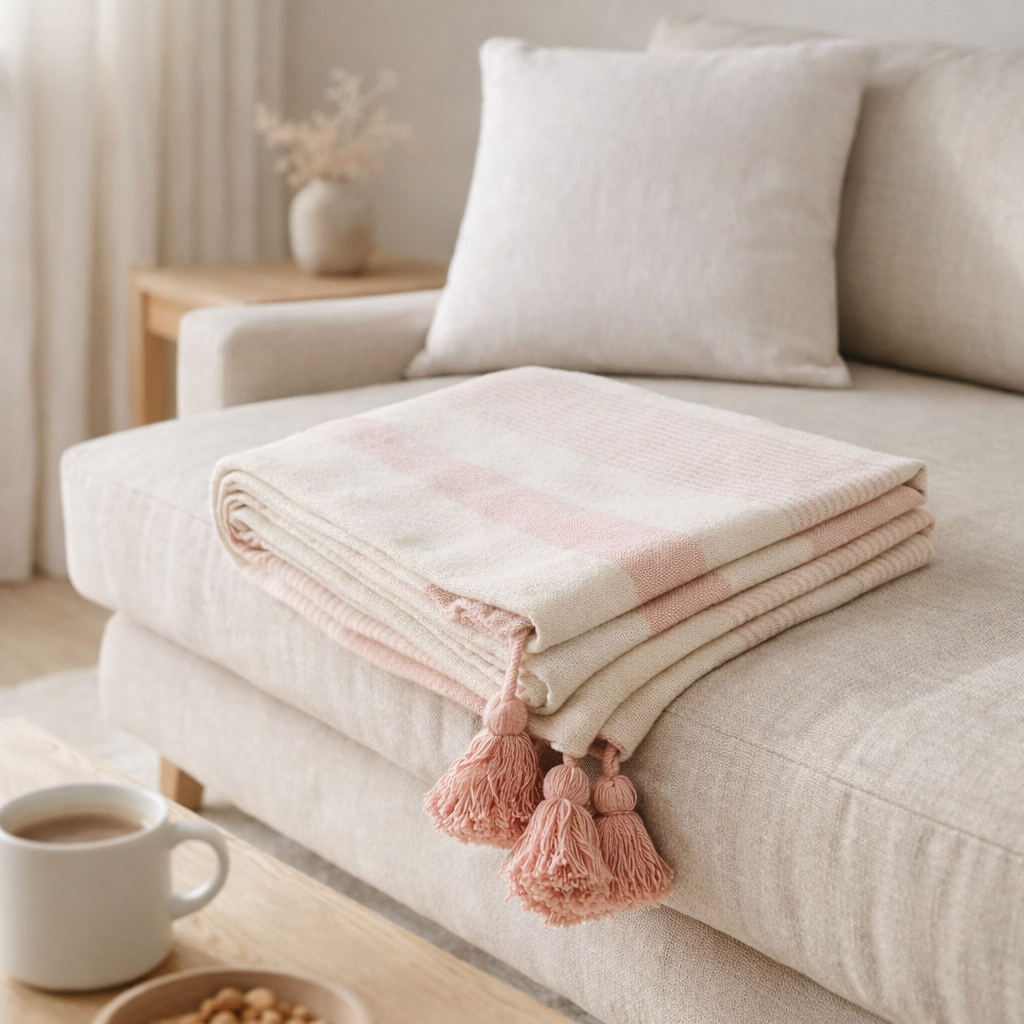 J-Line Plaid mik - coton - blanc/rose - 130 x 180 cm en situation