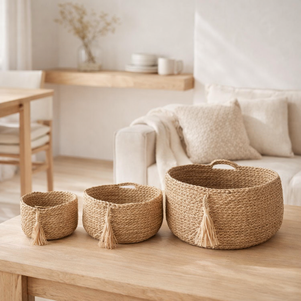 J-Line Lot de 3 Paniers Ronds avec Poignée + Brosse Herbe Naturel en situation