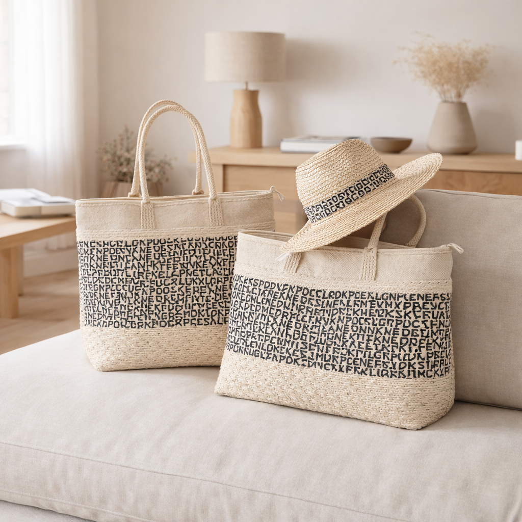 J-Line Lot de 2 Sac + Chapeau Motifs Papier/Coton Beige/Noir en situation