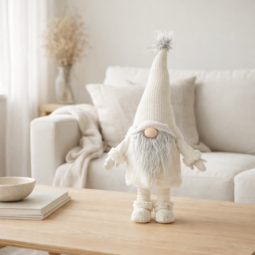 J-Line Gnome Barbe Grise Debout Wobble Textile Blanc en situation