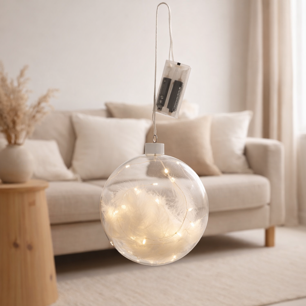 J-Line décoration Boule Plumes - verre - blanc - L - lumières LED en situation
