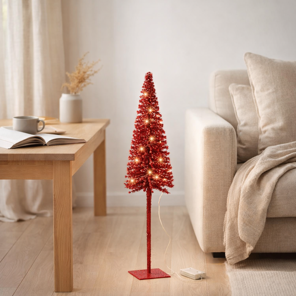 Sapin de Noël décoratif J-Line - plastique - rouge - petit - lumières LED en situation