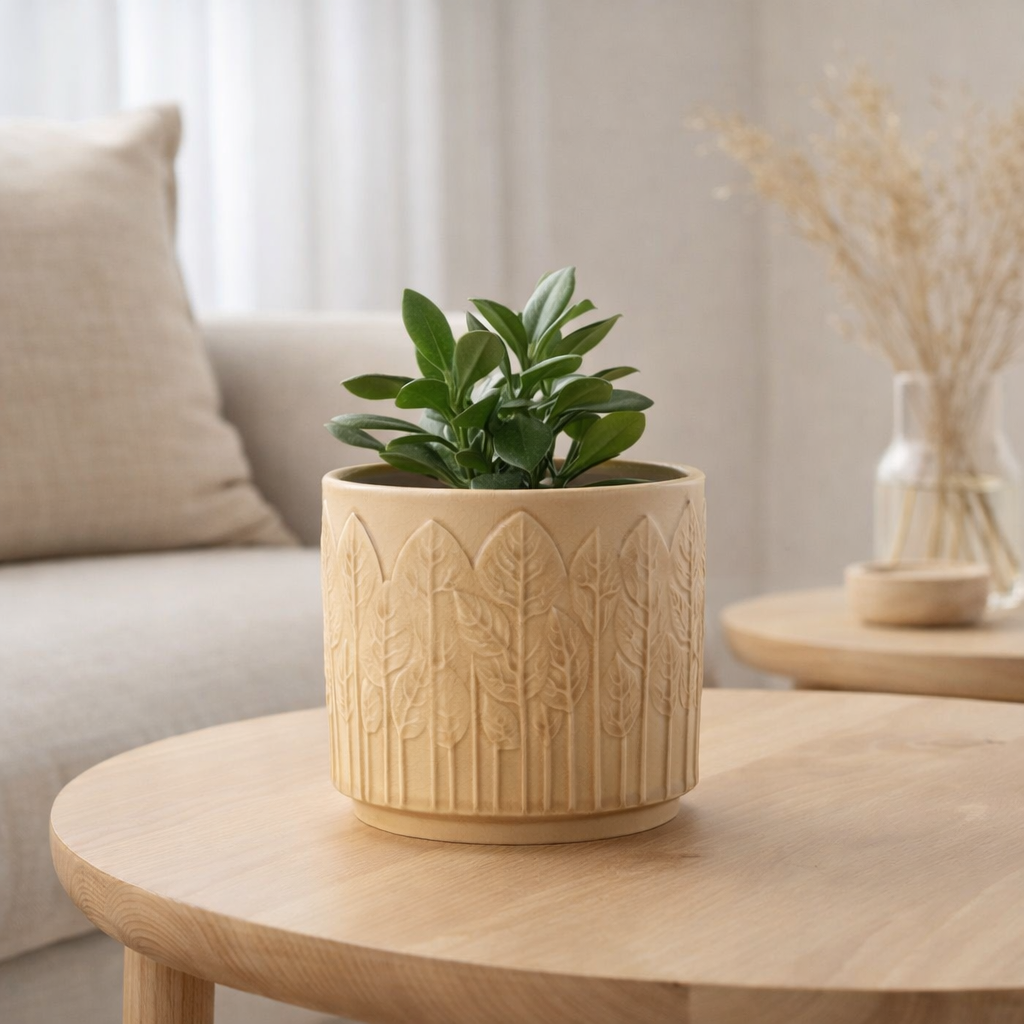 J -line Flowerpot Feuille - Céramique - Beige - Medium - Ø 14 cm en situation
