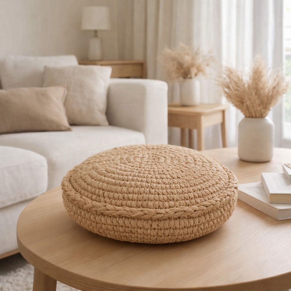 Coussin J-Line Round 1 Side - osier/textile - naturel en situation