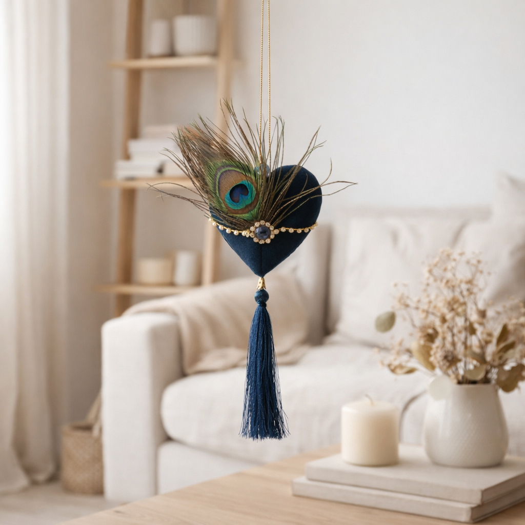 Pendentif J-Line Coeur + Plumes - textile - bleu/vert en situation