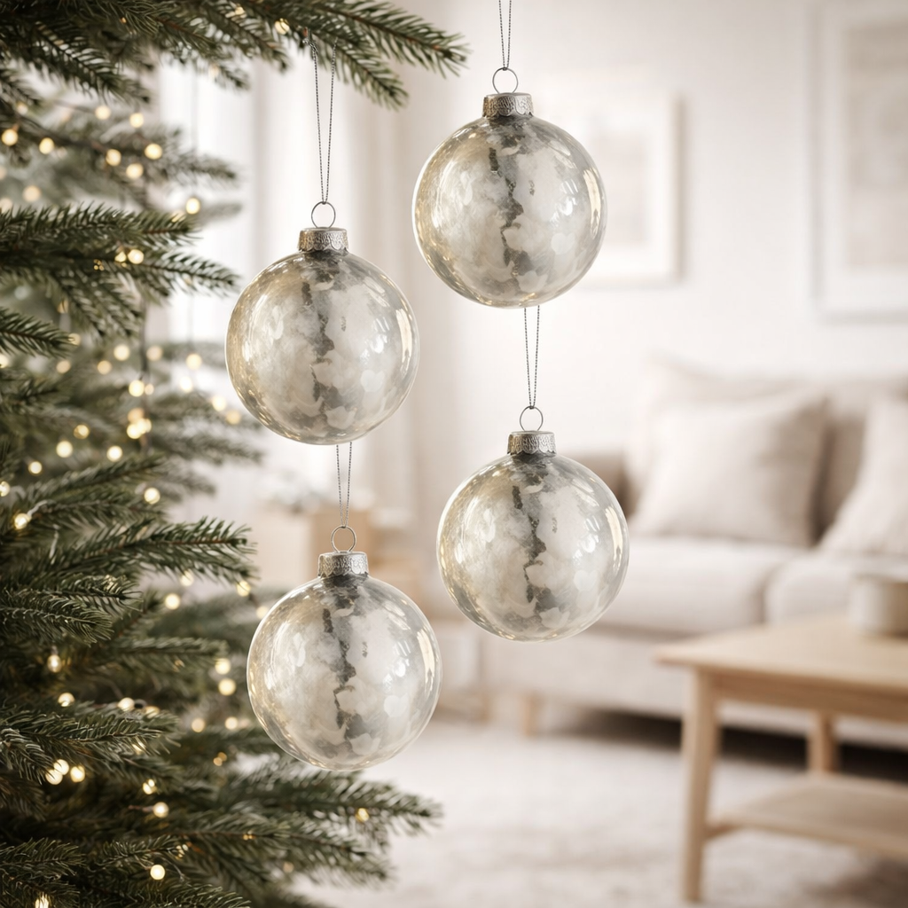 J-Line Boule de Noël Aspect marbre - verre - blanc/argent - moyen - boîte de 4 en situation