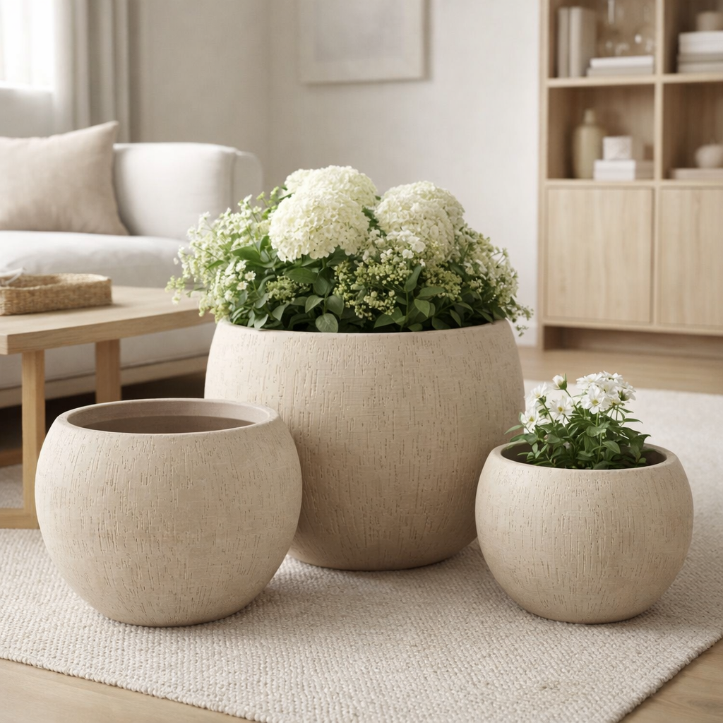 J -line Flowerpot Round Clay - Céramique - Beige - 3 pièces - Ø 55,5 cm en situation