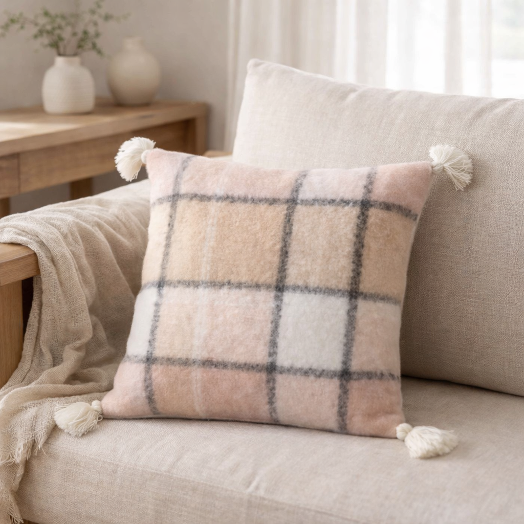 Coussin J-Line À carreaux - polyester - beige/rose en situation