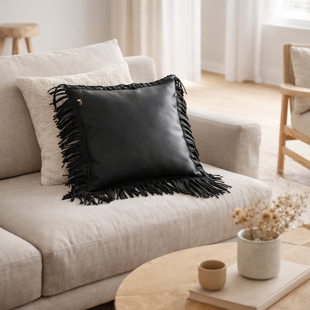 Coussin J-Line Franges - cuir - noir en situation