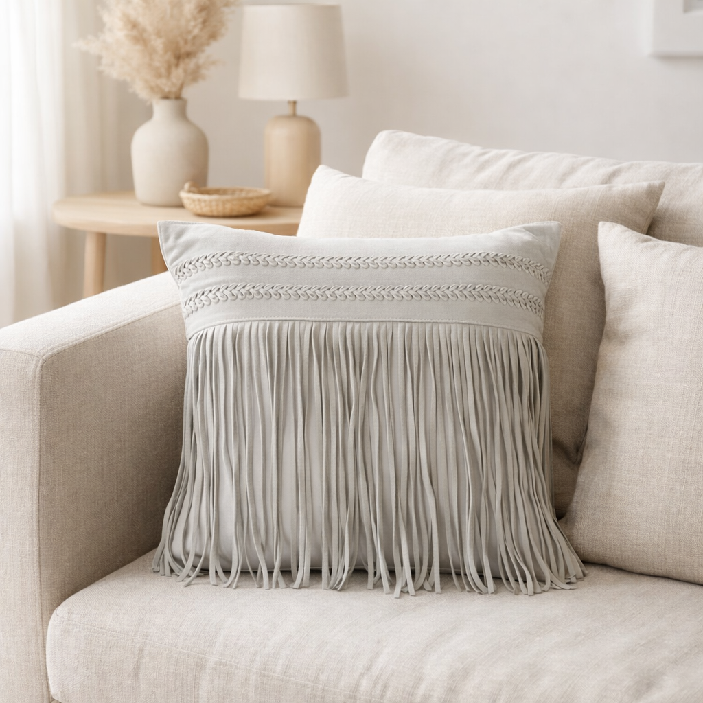 J-Line coussin Franges Carré - cuir - gris clair en situation