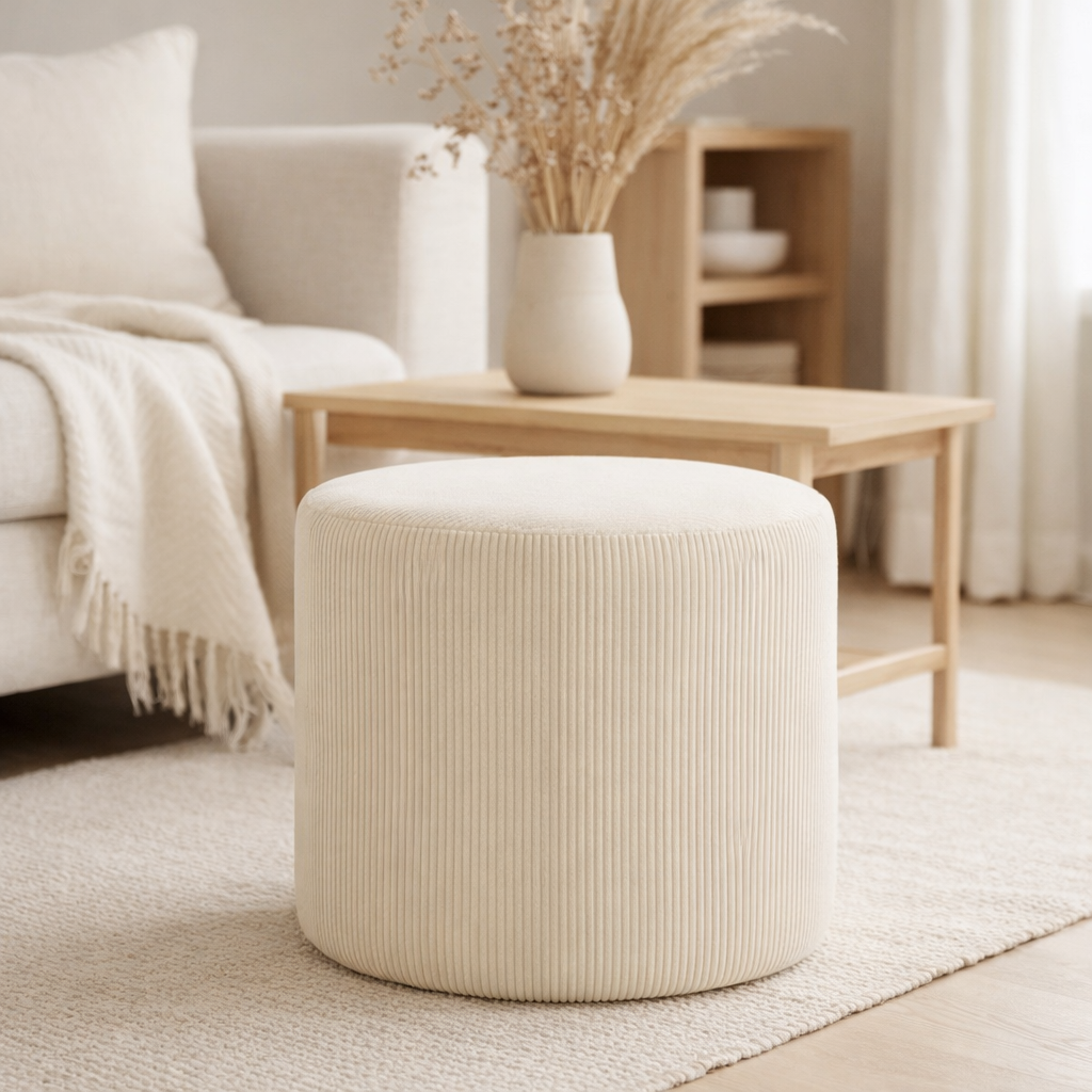 Pouf J-Line - velours côtelé/textile - crème en situation