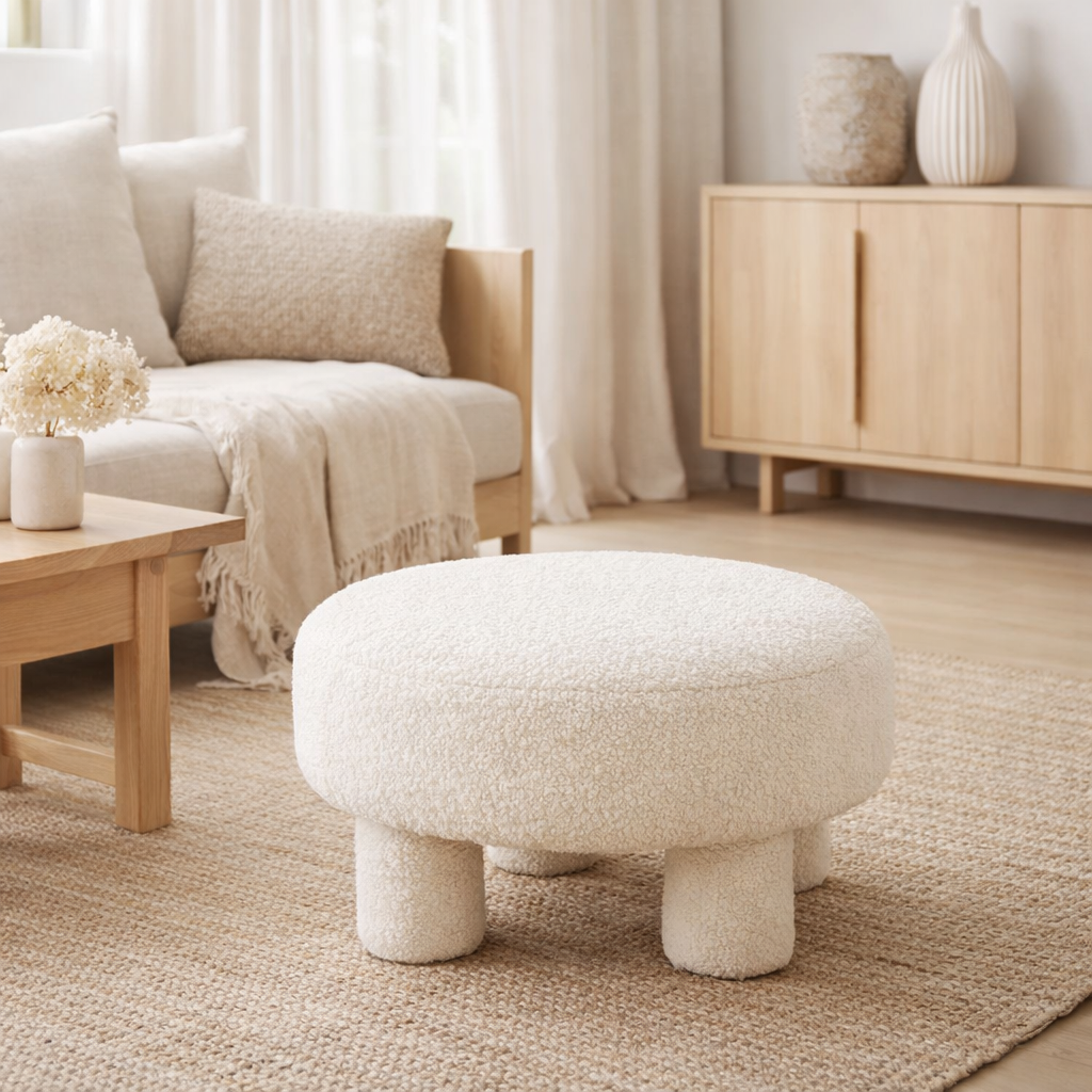 Tabouret J-Line Rond Pieds Teddy Bouclé - textile - blanc en situation