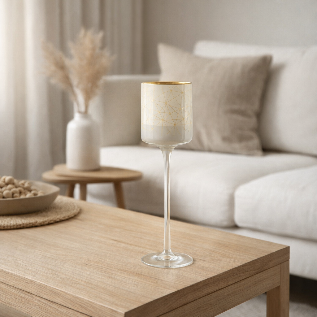 Photophore J-Line sur pied Milano - verre - blanc/or - petit en situation