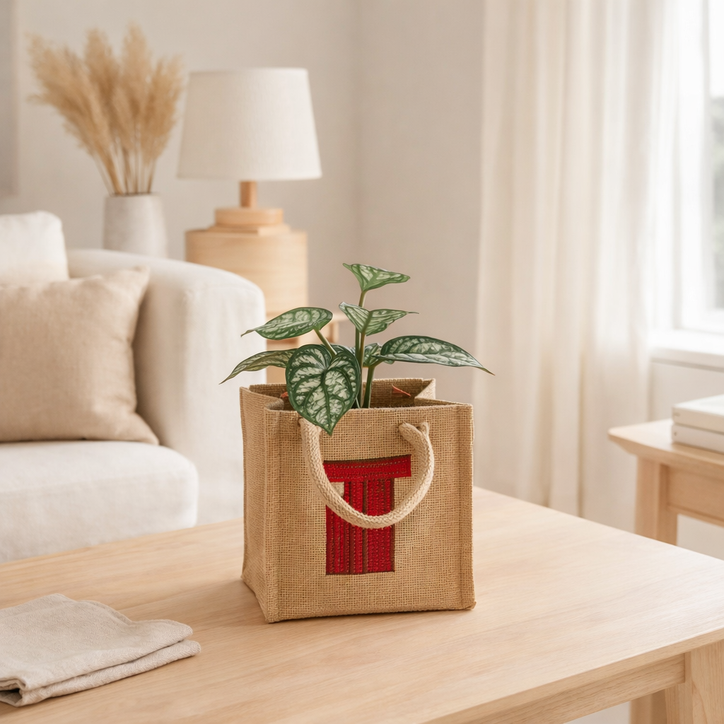 J-Line Sac Broderie Cadeau Jute Naturel/Rouge en situation