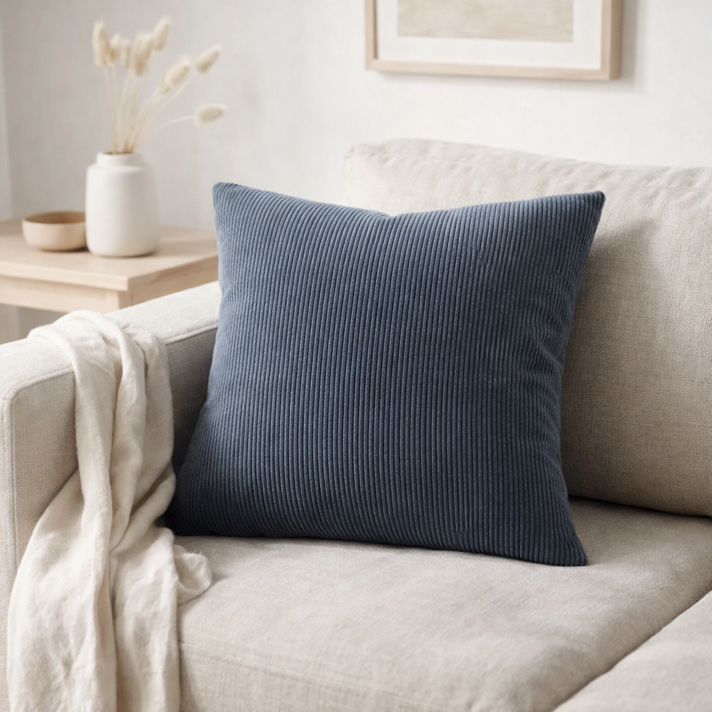 J-Line coussin Rib Square - velours - gris bleu en situation