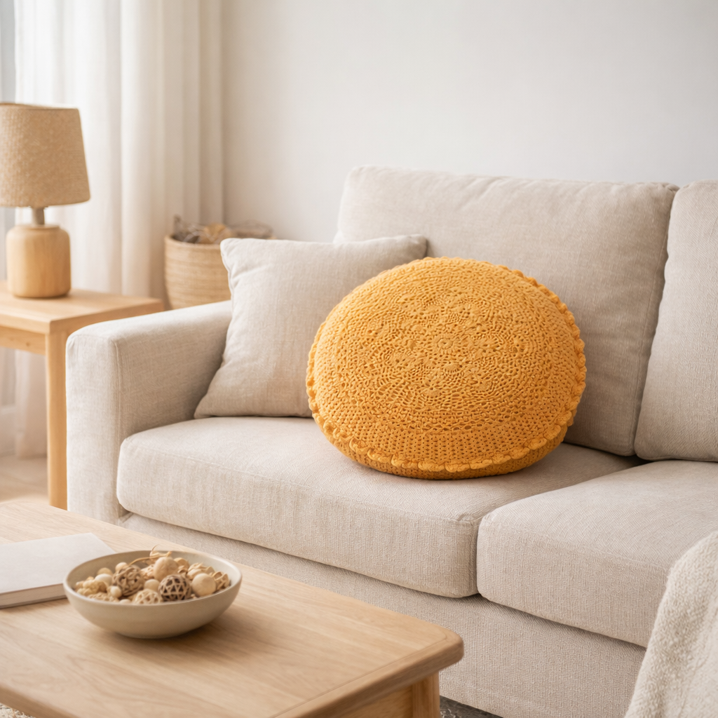 J-Line coussin Rond Mia Kant - coton - ocre en situation