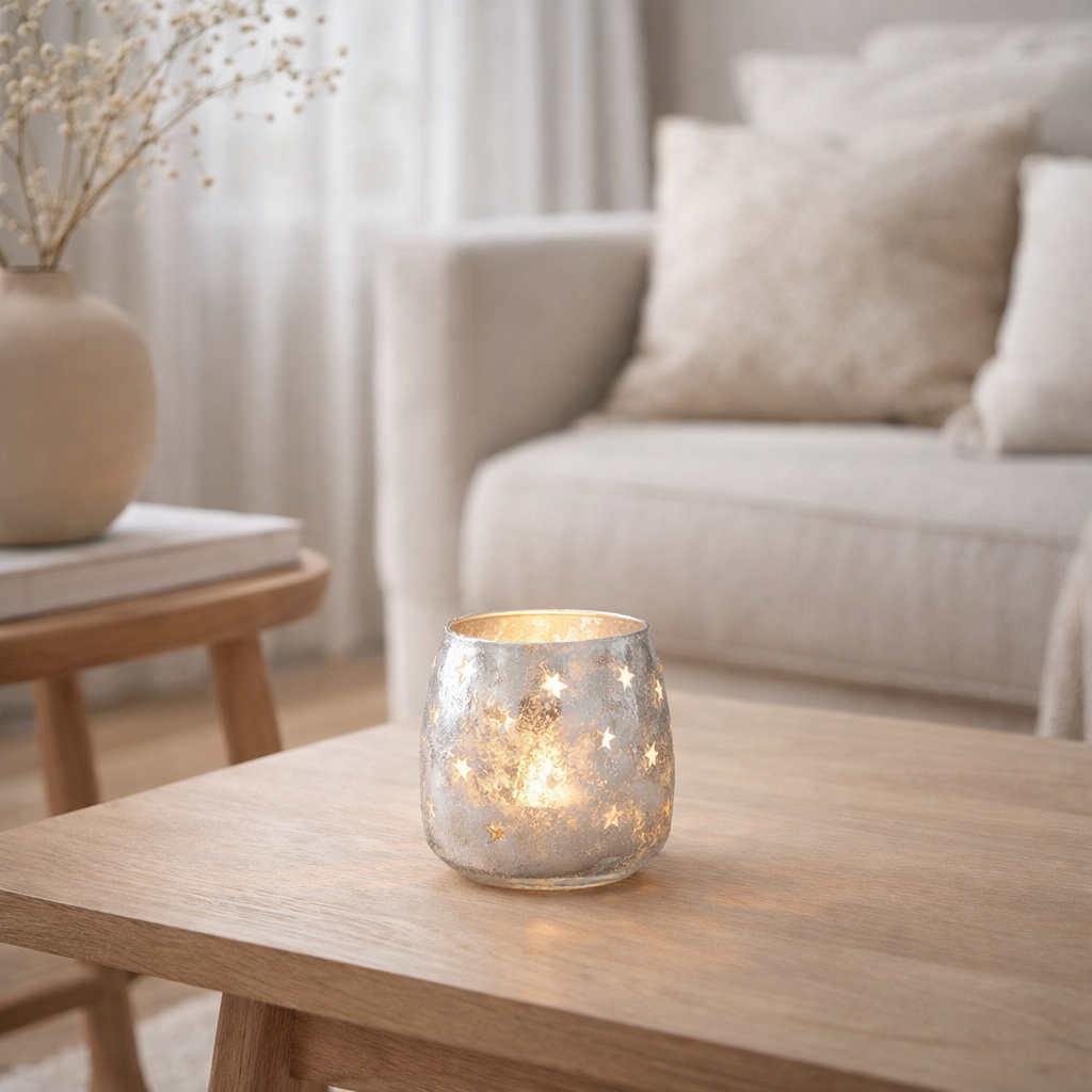 Photophore J-Line Star - verre - argent - petit en situation