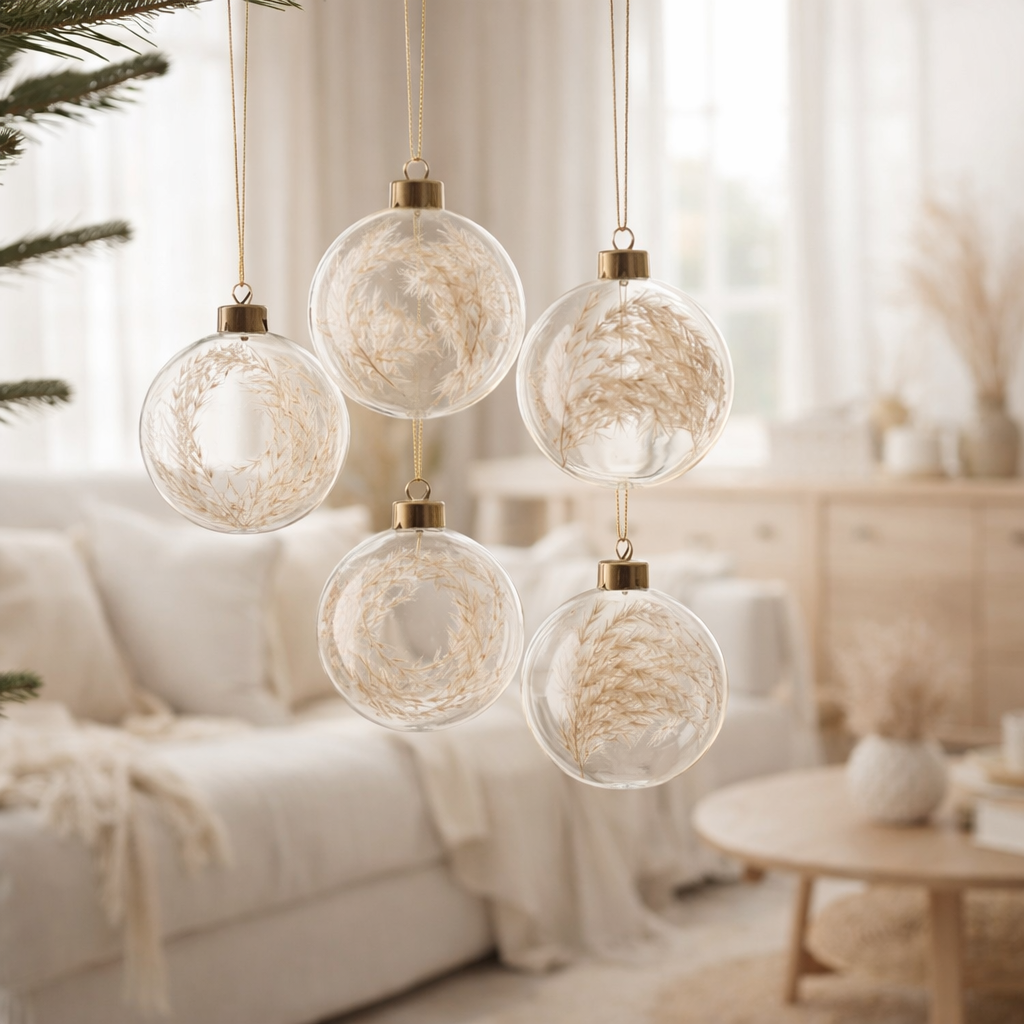 Boule de Noël J-Line Pampas séchées - verre - transparent - M - boîte de 5 en situation