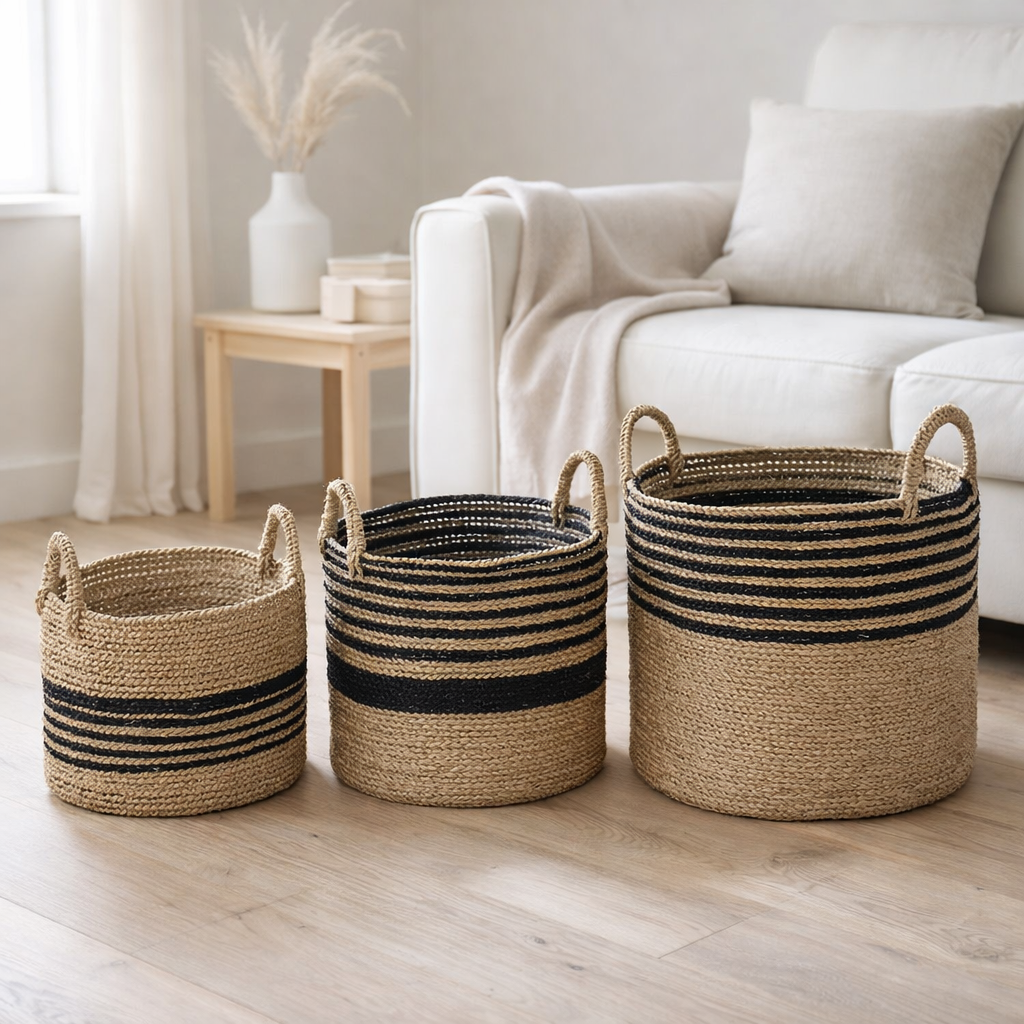 J-Line Set de Trois Paniers Aline Raphia Noir/Naturel en situation