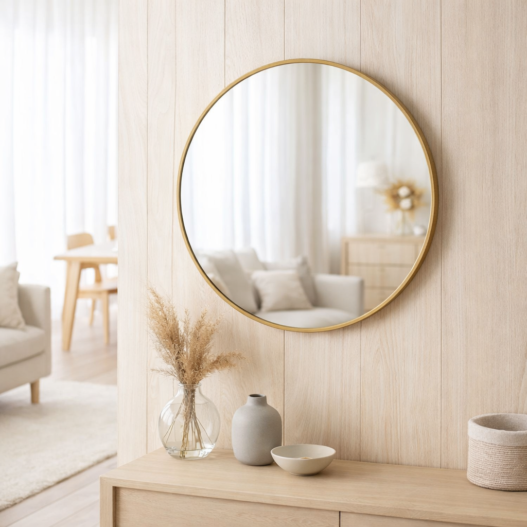J - Miroir de ligne Round High Rand - Metal / Glass - Gold - Small - Ø 60 cm en situation