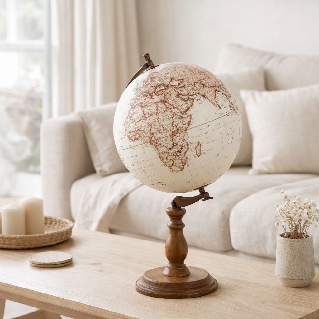 Globe J-Line sur socle - bois - blanc/naturel - grand en situation