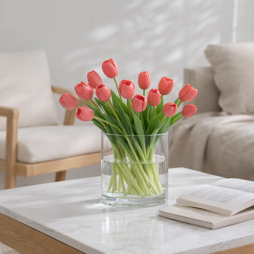 J-Line Bouquet de Tulipes 7 Pièces PU Rose Corail Petit en situation