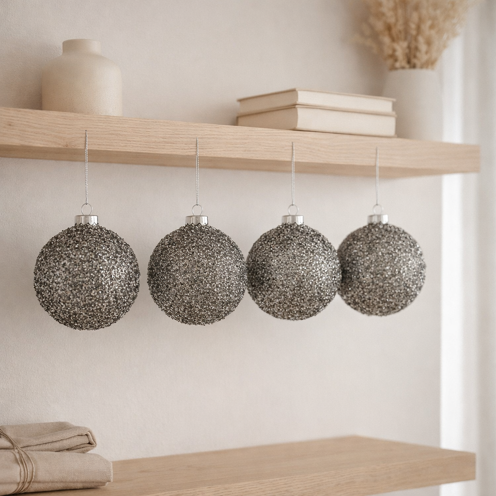 J-Line Boule de Noël Glitter - verre - gris fumé - moyen - boîte de 4 en situation