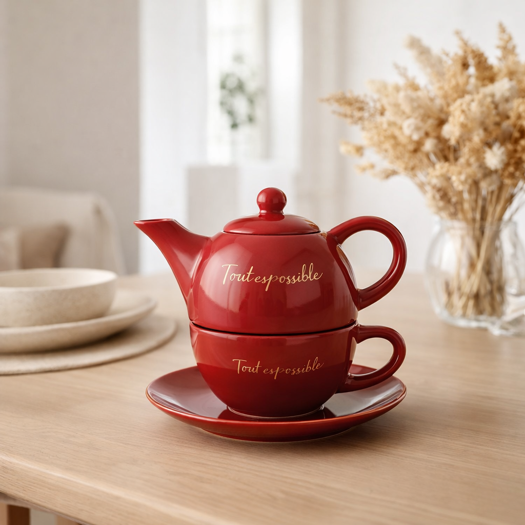 J-Line Tout Est Possible tasse à thé + théière - porcelaine - rouge/or en situation
