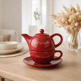 J-Line Tout Est Possible tasse à thé + théière - porcelaine - rouge/or en situation