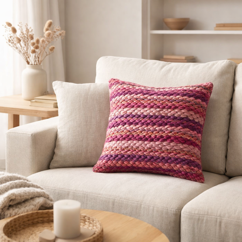J-Line coussin Ethnique Tressé Carré - coton - rose/violet en situation