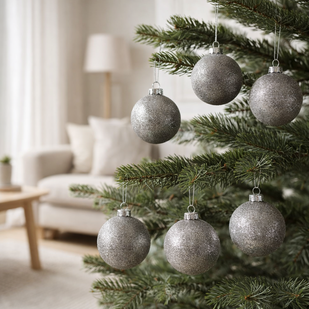 J-Line Boule de Noël Paillettes - verre - gris - boîte de 6 en situation