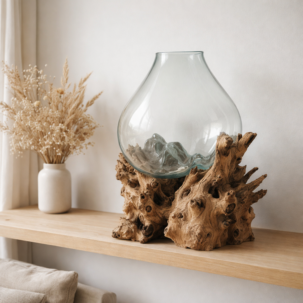 J-Line Vase XL Sur Pied Gamal Bois Recyclé Verre Naturel Transparent en situation