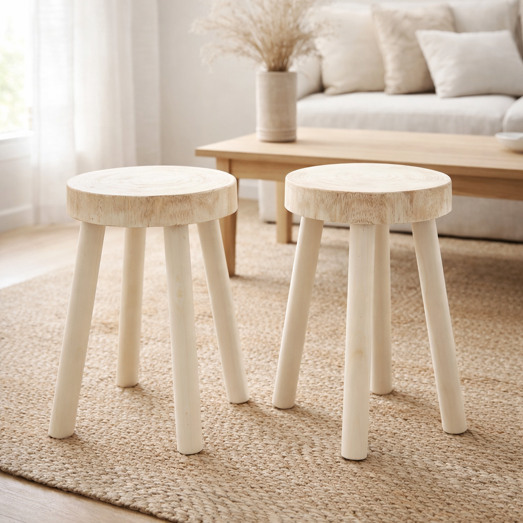 J-Line Lot de 2 Tabourets Bois de Paulownia Blanc en situation