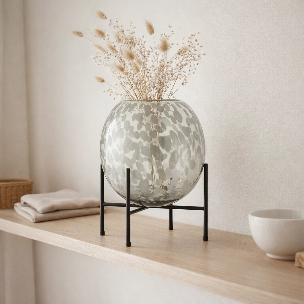 Vase J -line à pied - Verre - Gris / blanc - Grand - 37 cm de haut en situation