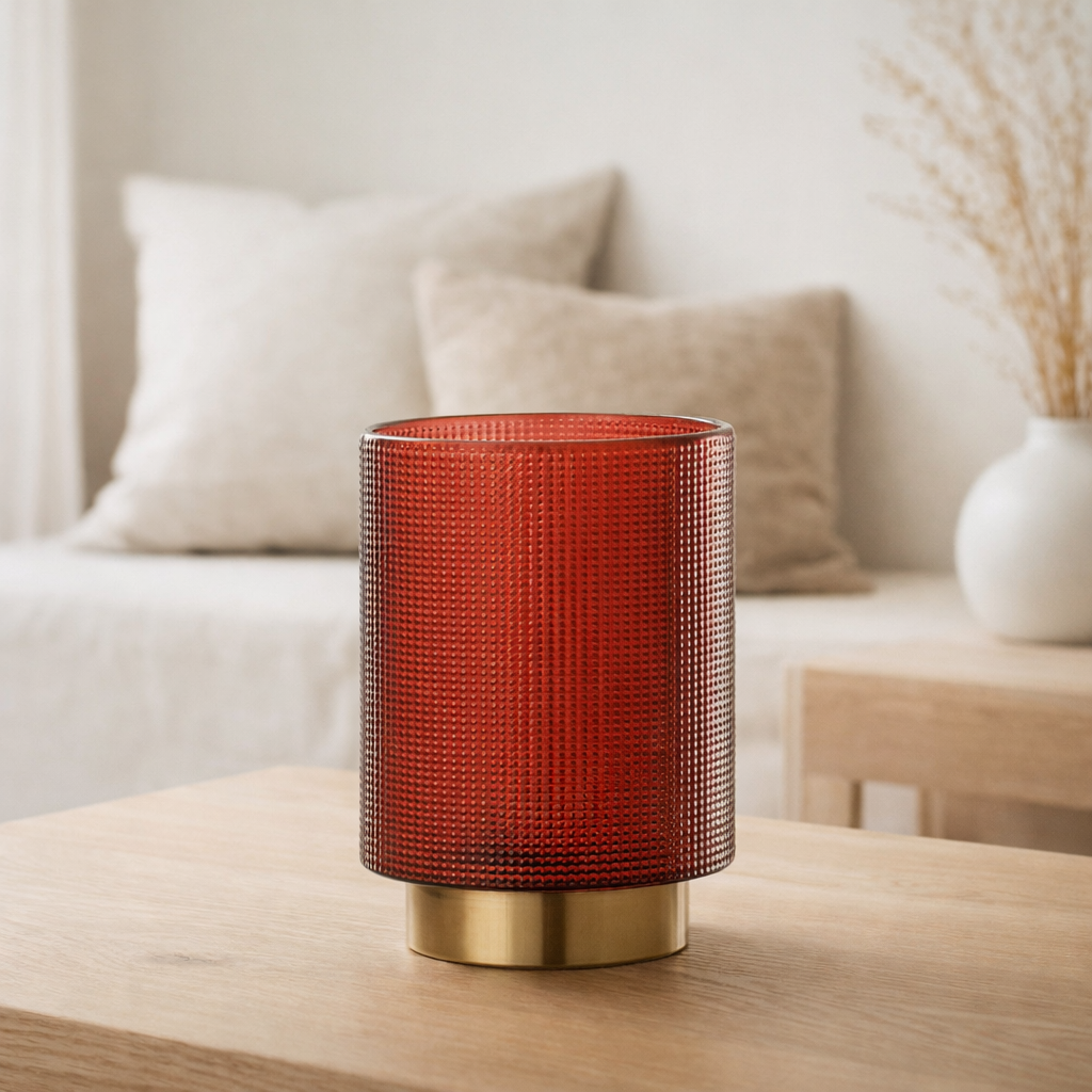 Lanterne J-Line Checked - bougeoir - verre - rouge/or - petit en situation