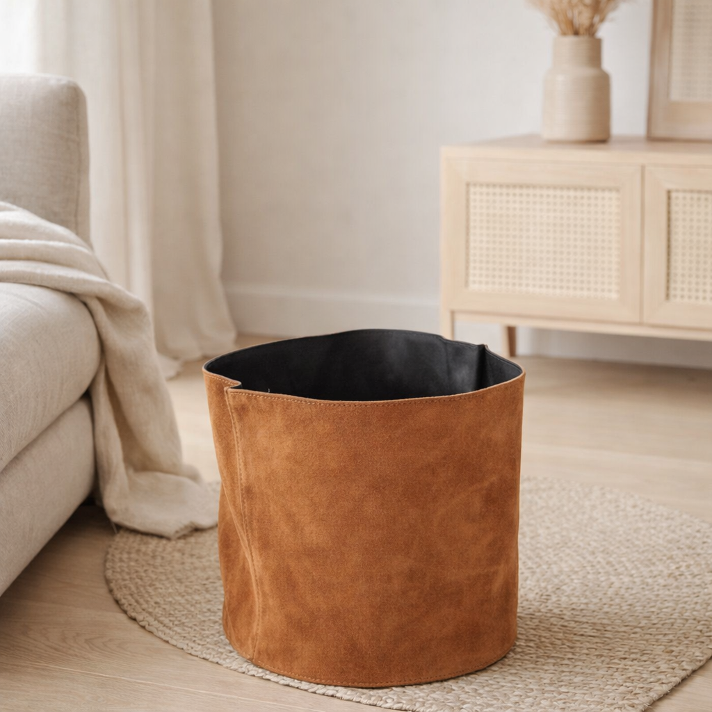Panier de rangement J-Line Rond - cuir/textile - cognac en situation