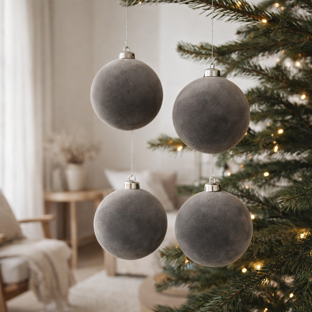 Boule de Noël J-Line - velours/verre - gris - moyen - boîte de 4 en situation