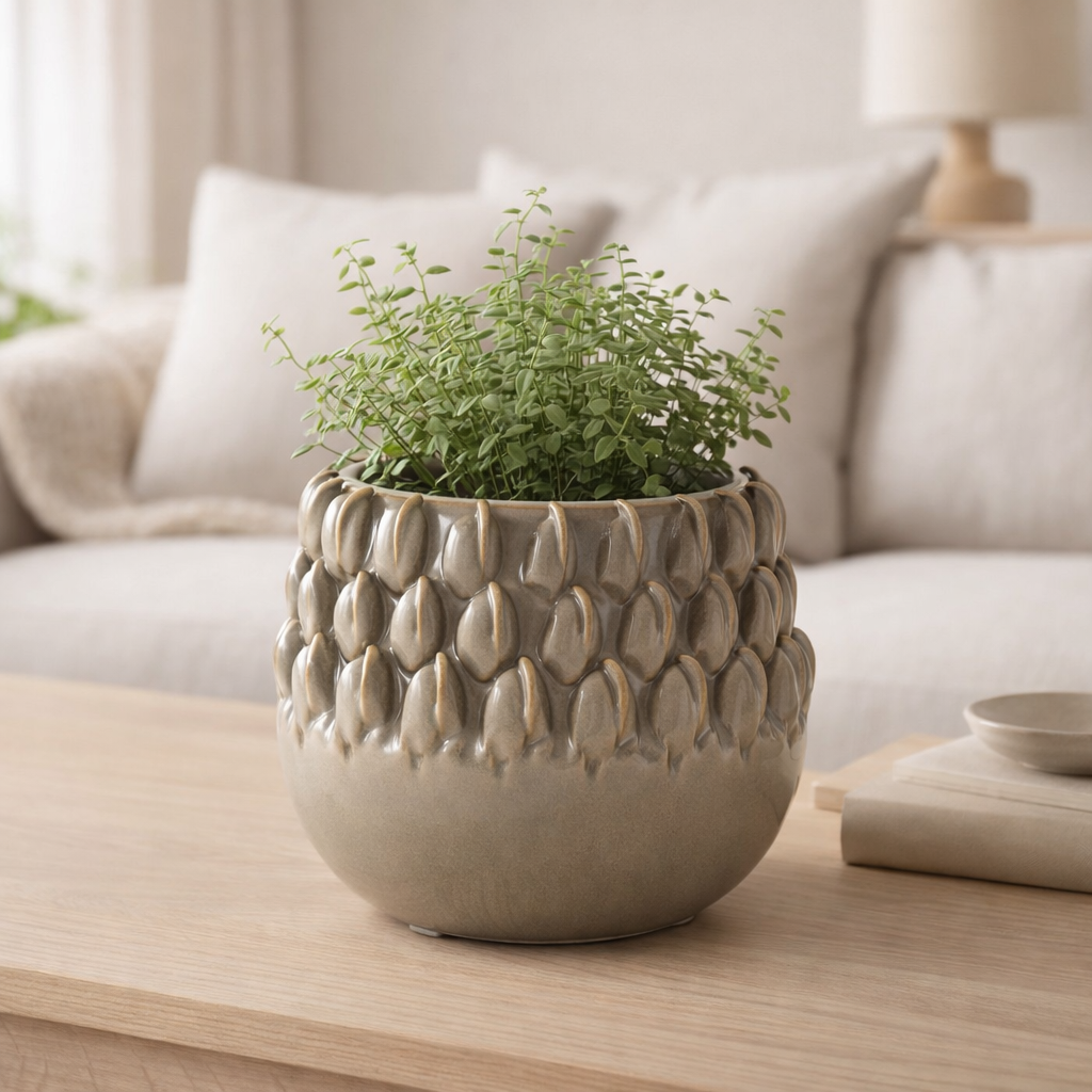 J -line Flowerpot Ibiza - Céramique - Gray - Grand - Ø 15,5 cm en situation