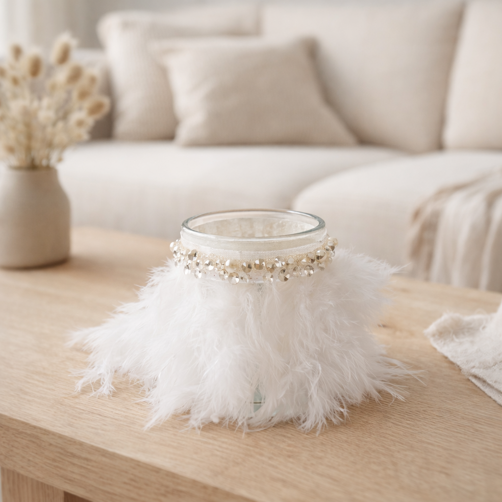Bougeoir J-Line Plumes - verre - blanc/transparent - petit en situation