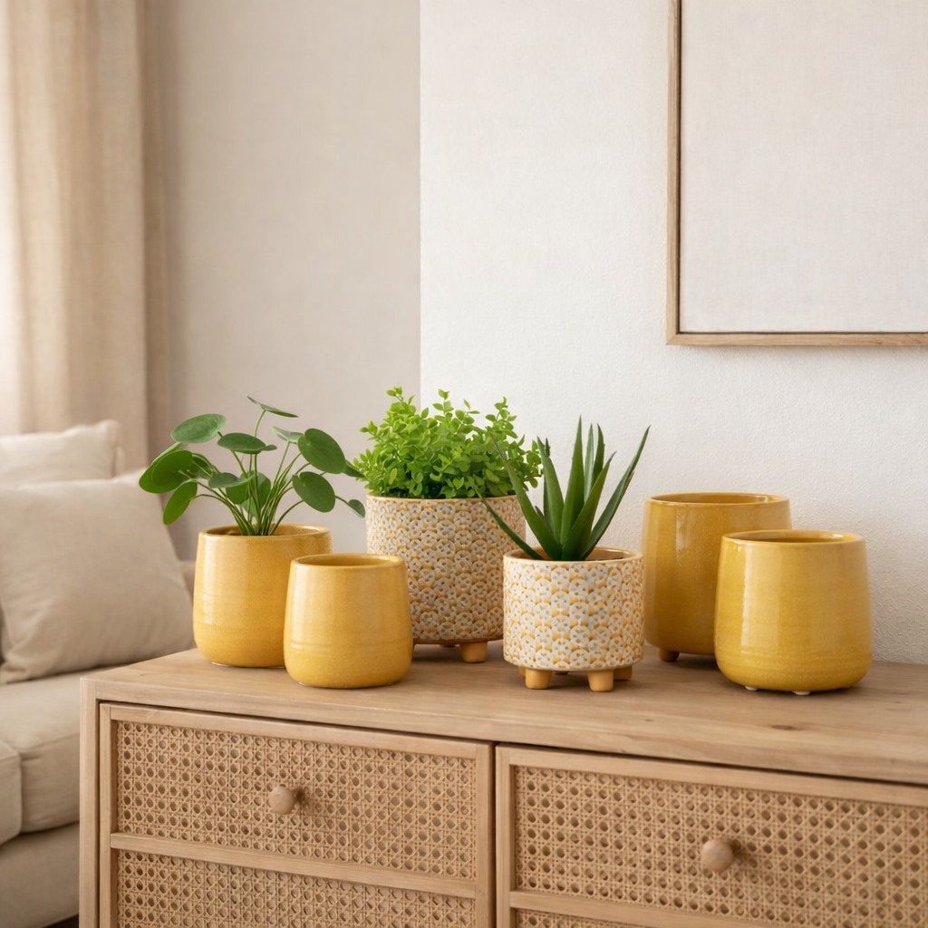 J -line Flowerpot Flower - Ceramics - Oker - Medium - Ø 14 cm en situation