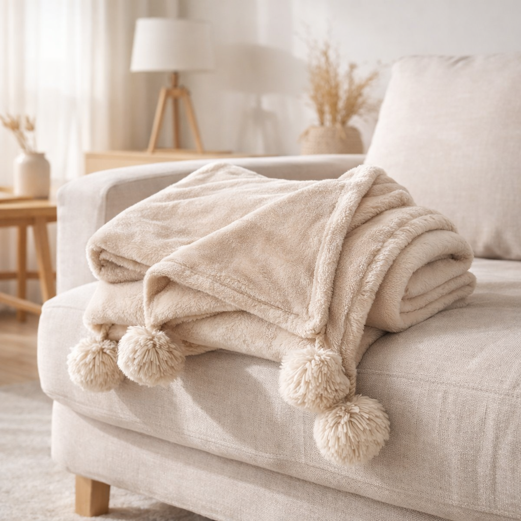 J-Line Plaid Pompom - Polyester - Lichtbeige - 170 x 130 cm en situation