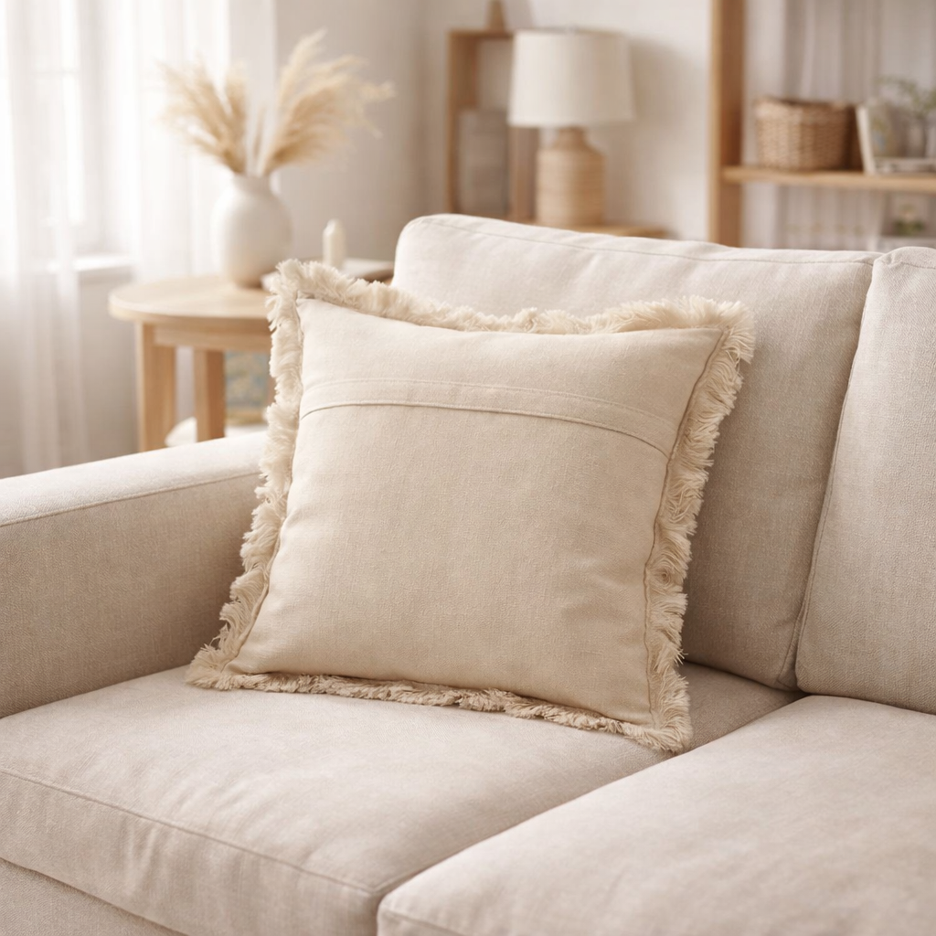 J-Line coussin Franges Mousseline - coton - beige clair en situation