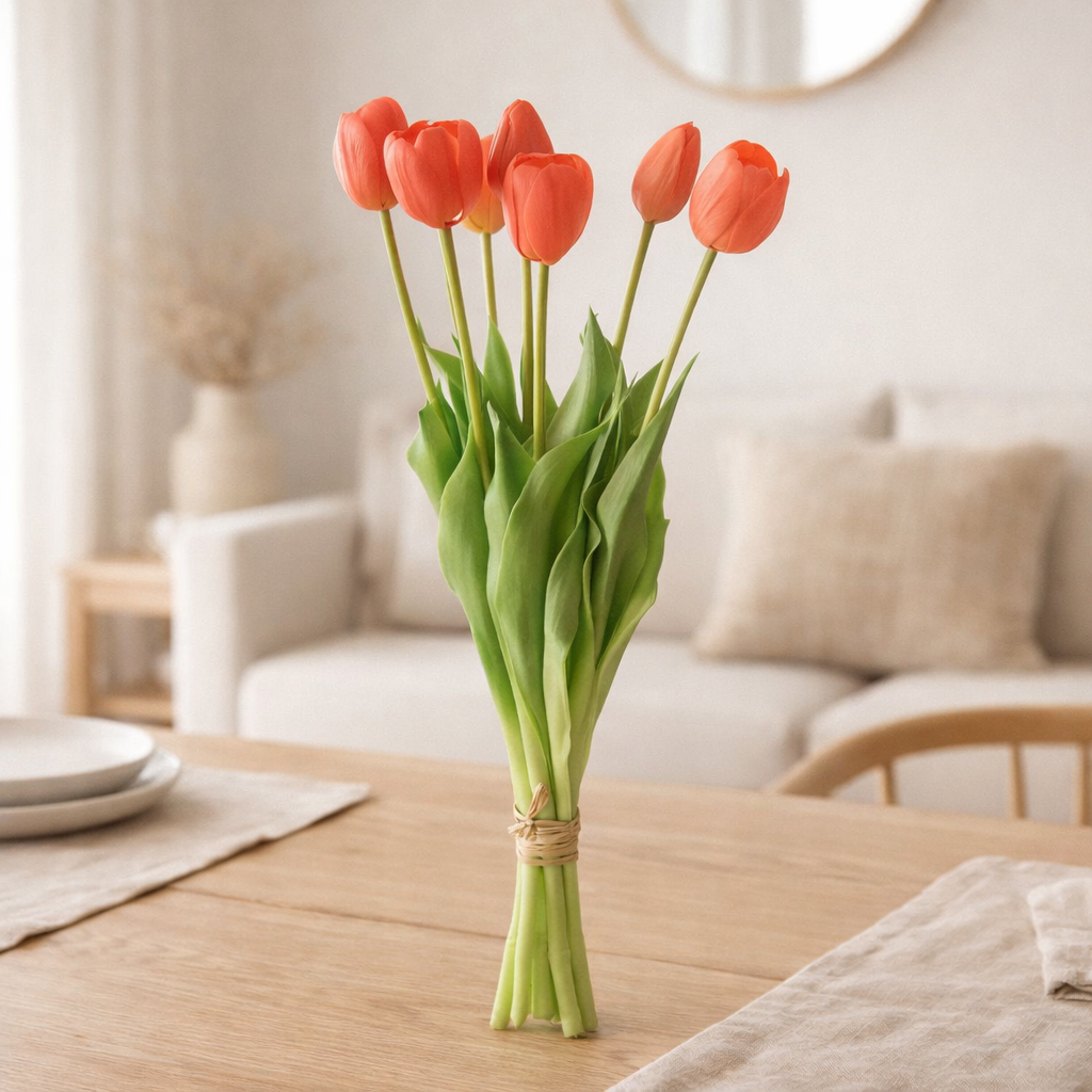 J-Line Bouquet de Tulipes 7 Pièces PU Rose Corail Large en situation