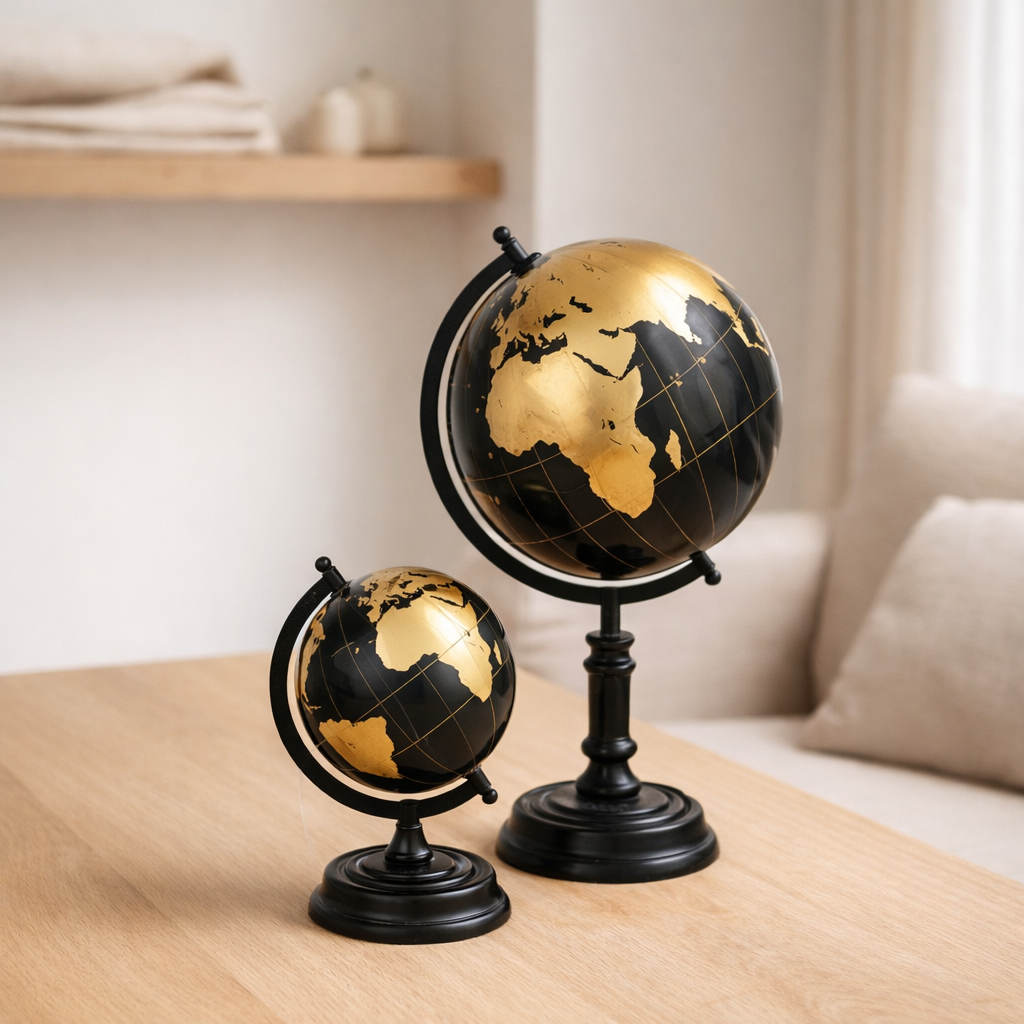 J-Line Globe Sur Pied - bois - noir/or - moyen en situation