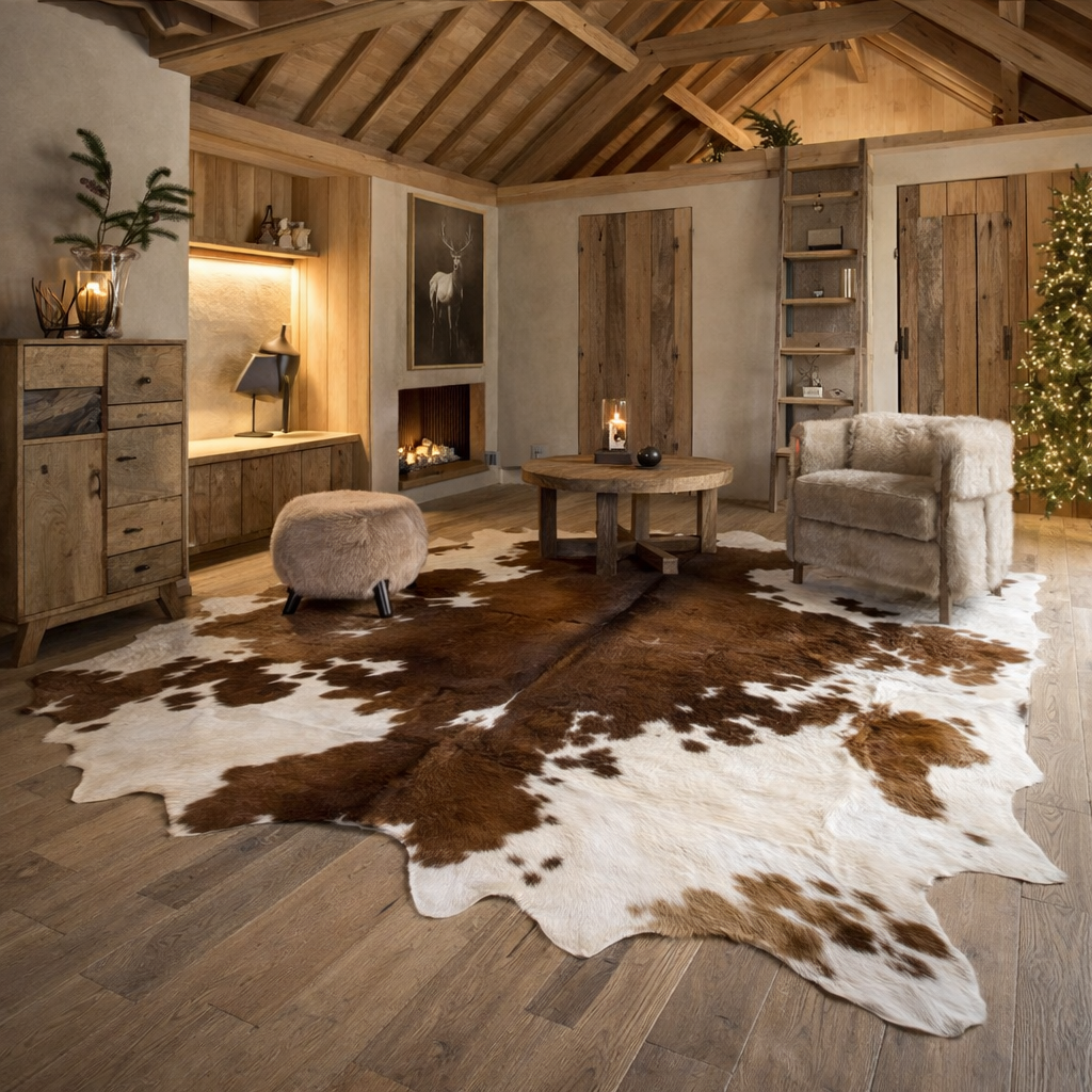 Tapis J-Line peau de vache - cuir - marron/blanc en situation