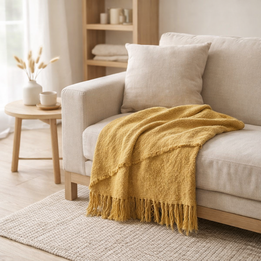 J-Line plaid floches - katoen - mosterd - 190 x 56 cm en situation